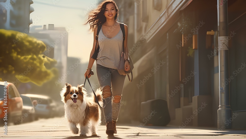 Obraz premium A cute dog on a leash is walking along a city street with a woman, the dog is next to the owner.