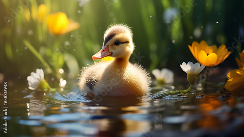 Adorable duckling baby in the beautiful pond. Sunny