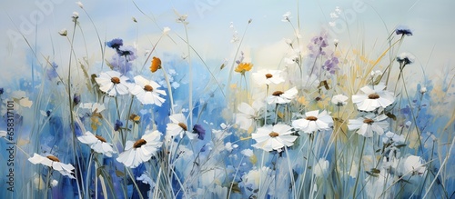 Fotografía white flowers field blue sky dawn gold color daisies evokes delight beside sea i