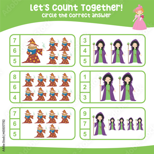 Counting and circle the correct number with cute fairytale kingdom cartoon character. Let’s count together worksheet. Educational printable math worksheet. Math game for children. 