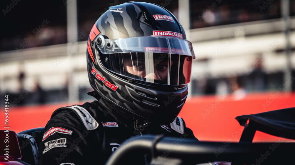 A close-up of a rider wearing a safety helmet. A close-up of a rider wearing a safety helmet.