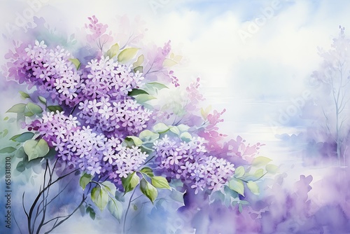 purple flowers sea breeze rises air elder spring light renaissance oil glazing laurels glory background gentle mists photo