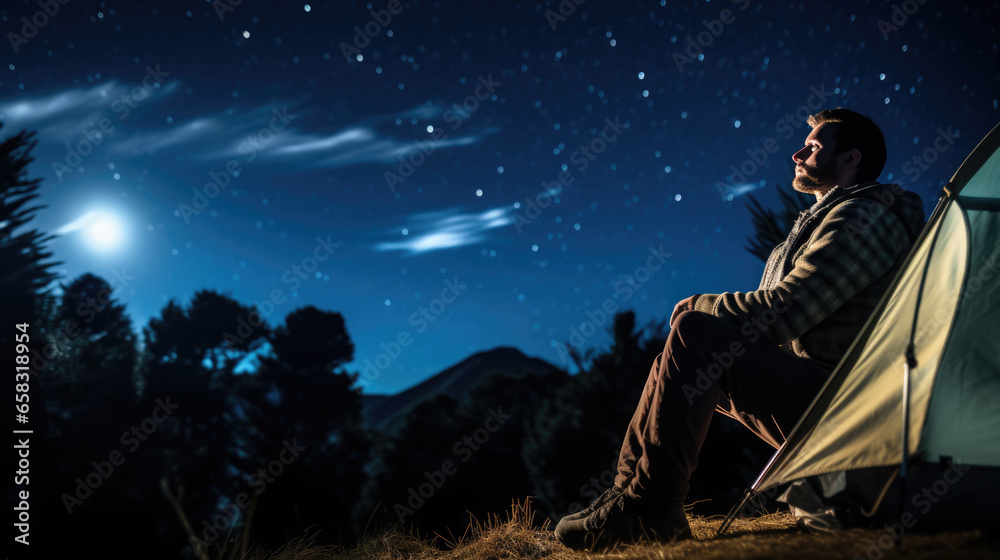 Male camper looks up at the night sky and stars next to his tent in nature Male camper looks up at the night sky and stars next to his tent in nature