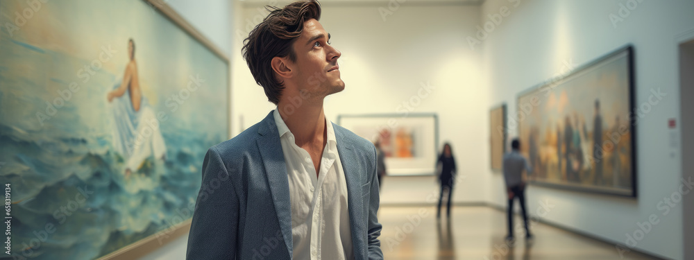 Man looks at paintings in a gallery during an exhibition - obrazy, fototapety, plakaty 