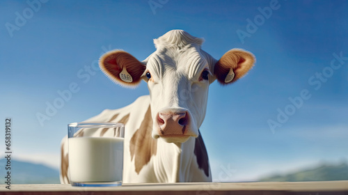 Cow and milk on blue sky. Generative Ai