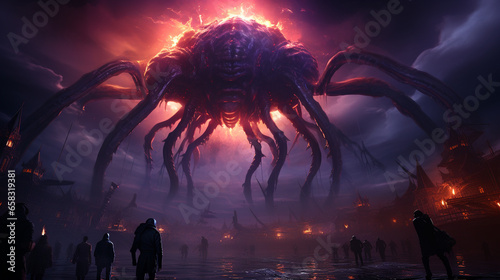 big spider alien robot in the sky with and modern surrealism people, generative ai