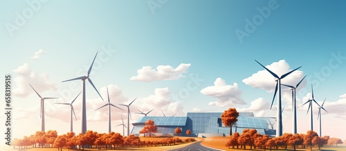 Illustration of a wind park solar panels and power lines