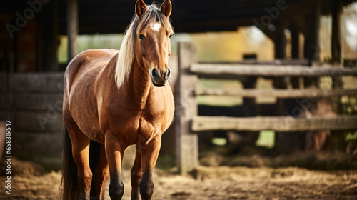 Adorable horse near barn outdoors Lovely domestics