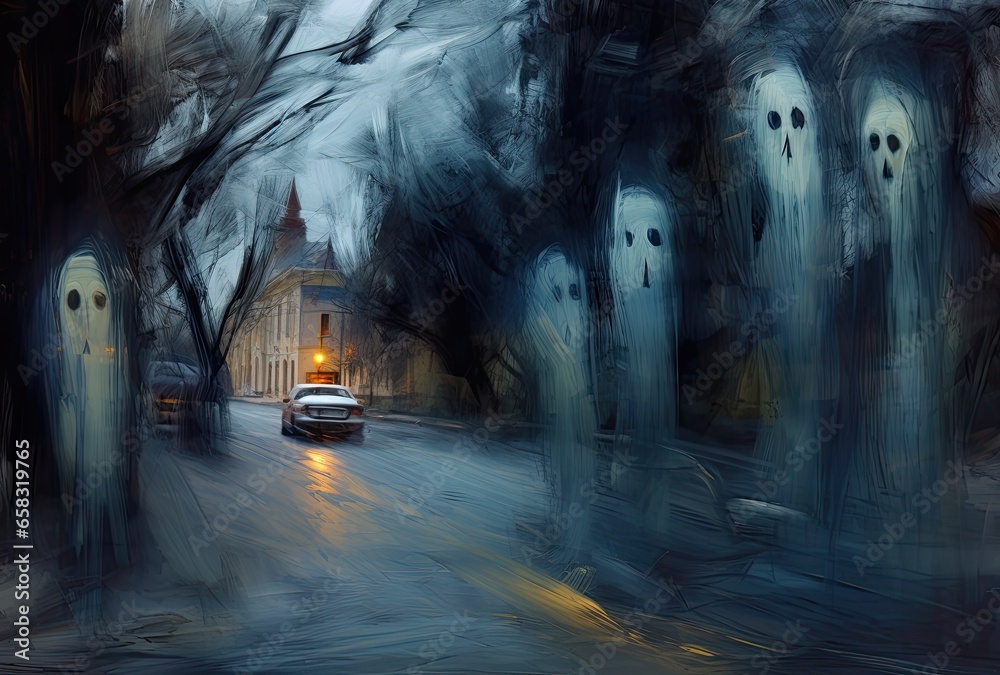 Ghosts in a street, spooky halloween night