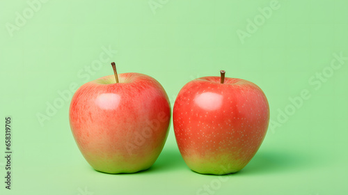 Close up of two red Apples on green background minimalist