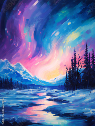 Northern Lights. Landscape. Impressionism style oil painting.