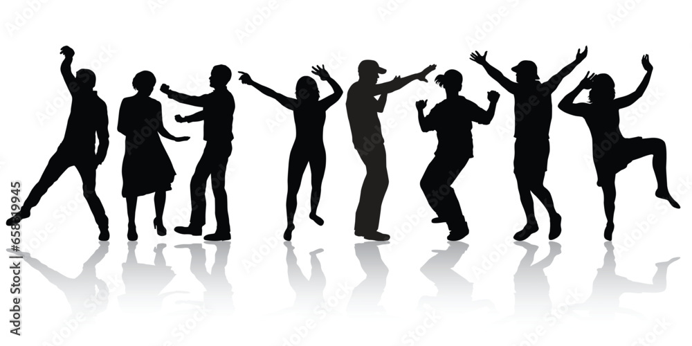 Happy women and men dancing silhouettes Happy women and men dancing silhouettes