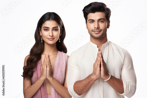 indian couple doing namaste or welcoming gesture. photo