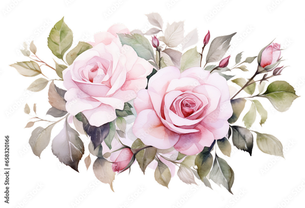 Rewrite: "Watercolor depiction of delicate pink roses and leafy foliage with a transparent background in PNG format." - obrazy, fototapety, plakaty 