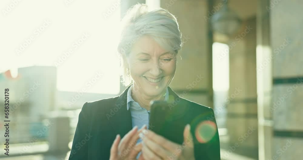 Phone, senior woman and ceo in city on social media, internet search and communication on lens flare. Smartphone, smile and business consultant scroll on app, typing and reading email in urban town
