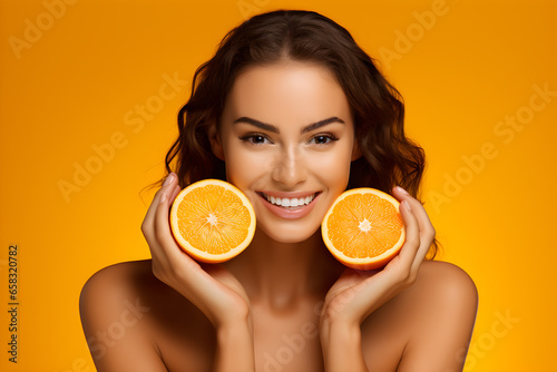 Young woman with two slices of lemon in her hands