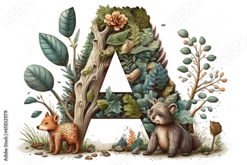 alphabet letter A monogram initial preschool forest child nursery decor school nature capital upper case letter wall art poster animal kid birthday toddler baby cute adorable wallpaper sticker party