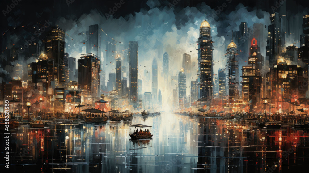 Fototapeta premium Big fireworks over a big city in the USA