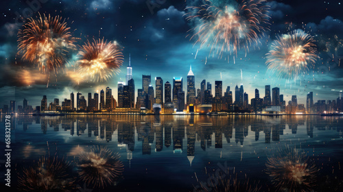Big fireworks over a big city in the USA