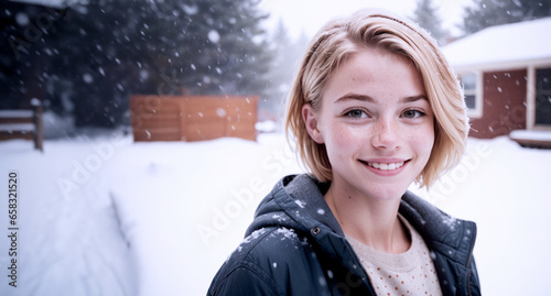 primo piano di ragazza giovane sorridente all'aperto in una giornata nevosa invernale, ambientazione rurale photo