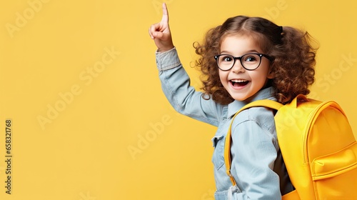 Joyful girl with glasses pointing up, wearing a yellow backpack.