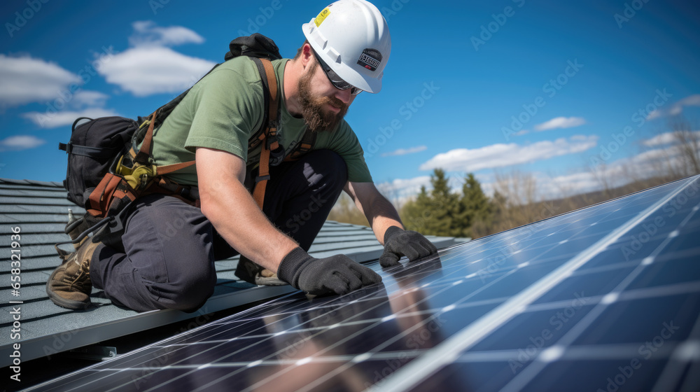 An engineer checks the quality of installation and operation of the solar panels An engineer checks the quality of installation and operation of the solar panels
