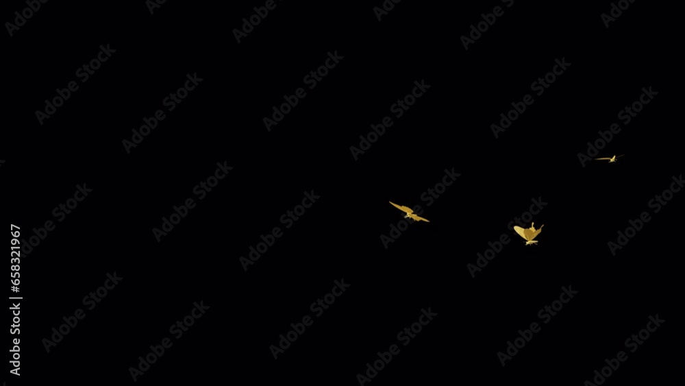 Golden Butterflies - Three Flying Around Loop - MS - Realistic 3D animation effect with alpha channel on transparent background