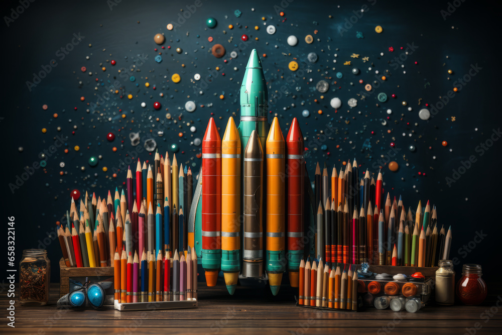 Launchpad Dreams, School Supplies Turned Rocket. Generative AI Launchpad Dreams, School Supplies Turned Rocket. Generative AI