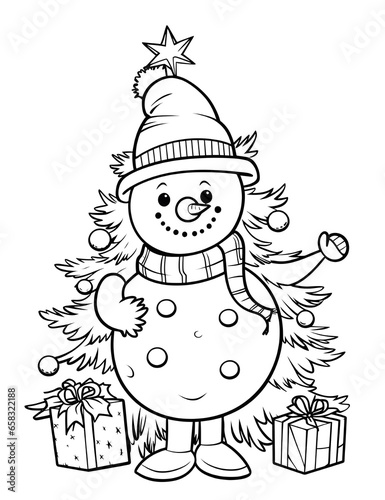 Snowman with Christmas tree coloring page for kids