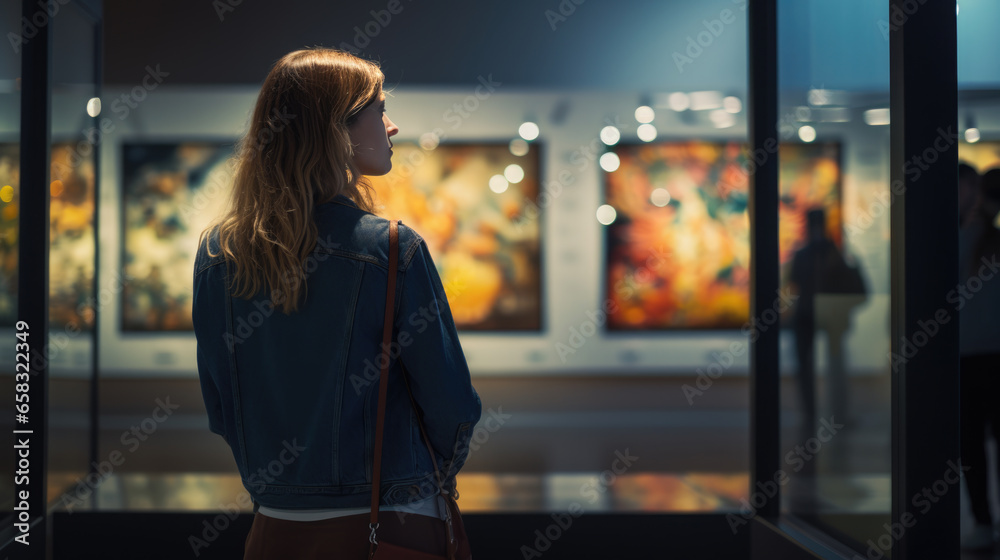 Woman looks at paintings in a gallery during an exhibition - obrazy, fototapety, plakaty 