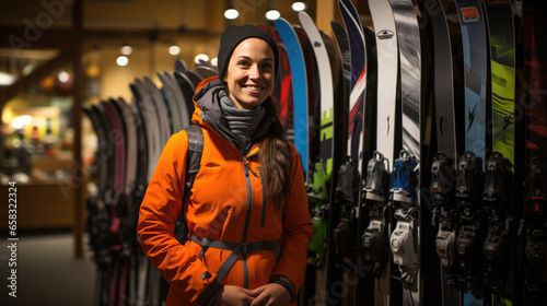 Woman picks out ski equipment for the mountains at the store