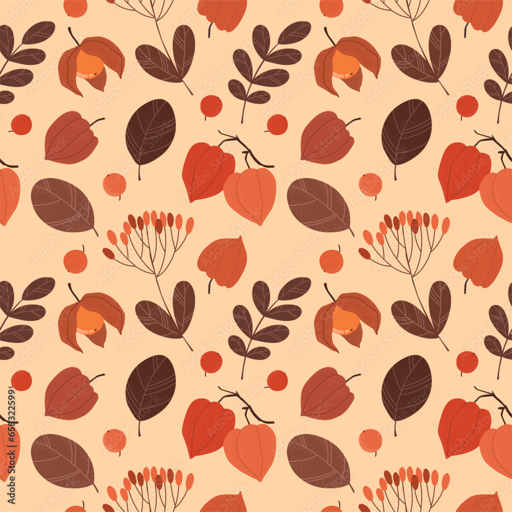 Seamless pattern with physalis, botanical elements of physalis. Vector pattern in flat, cartoon style.