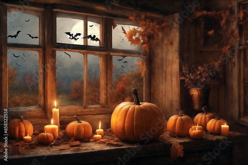halloween holiday decorations, scary jack o lantern pumpkins and candles on a windowsill, flying bats outside the window, moonlit night, mystic and dark magic