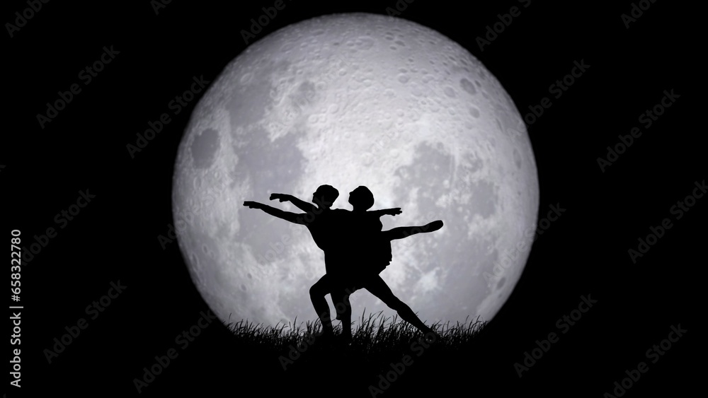 Portrait of beautiful professional dancers. Young male and female ballet dancers artists performing choreography element on full moon background.