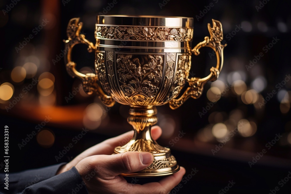cropped shot of businessman holding golden trophy in hands on blurred background Generative ai