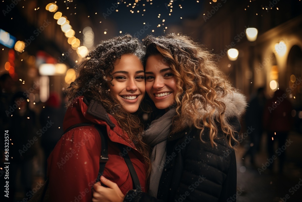 couple of women embrace and smile in the street at under snow at Christmastime