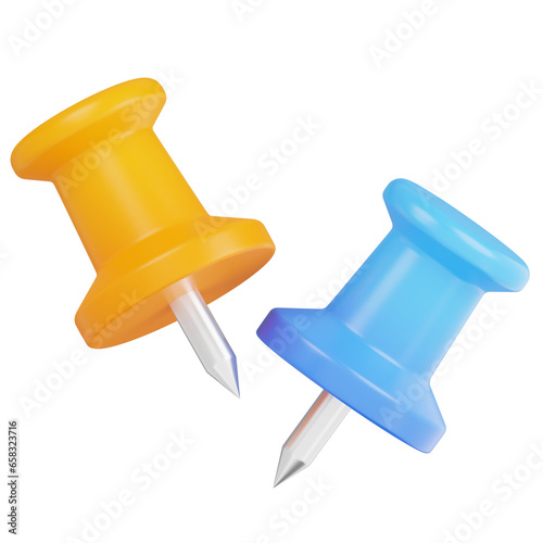 Two pin with yellow and blue color. Close up object. Shiny rendering. 3D icon stationery.