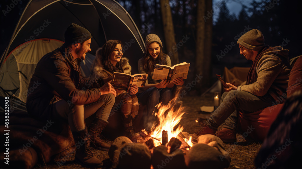 Group of friends read a book while camping in a tent in the countryside