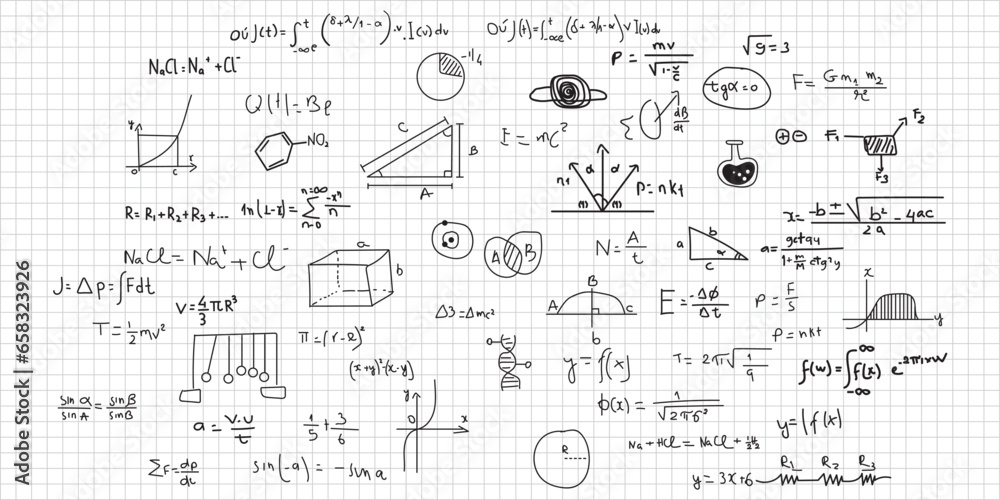Hand drawn math symbols. Math symbols on notebook page background. Sketch math symbols. Eps10 vector illustration.
