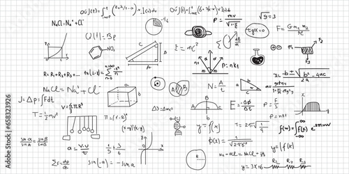 Hand drawn math symbols. Math symbols on notebook page background. Sketch math symbols. Eps10 vector illustration.