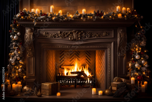 fireplace with christmas decorations. Generative Ai © Hamza