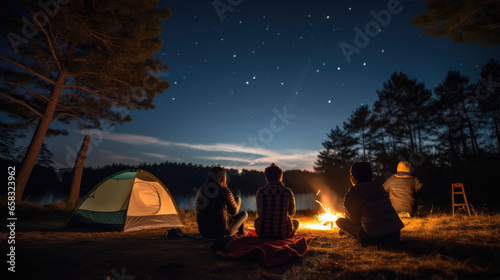 Friends campers looks up at the night sky and stars next to their tent in nature