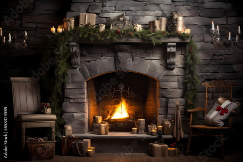 shot of a fire place with holiday decorations around it in winter season. Generative Ai