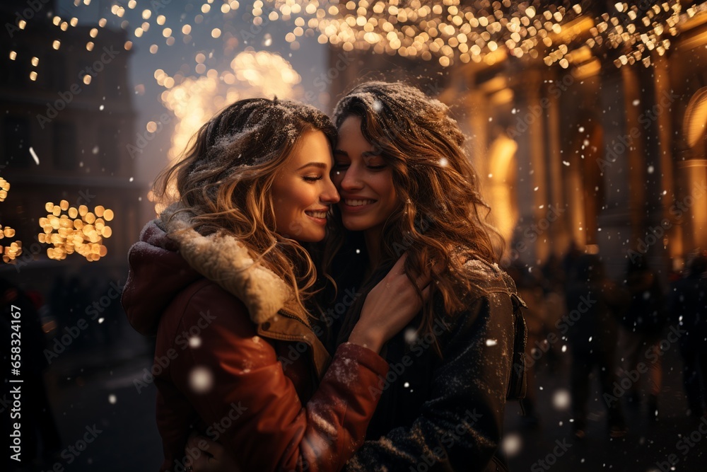 couple of women hugging each other tenderly and smile in the street at under Christmas lights and snow couple of women hugging each other tenderly and smile in the street at under Christmas lights and snow