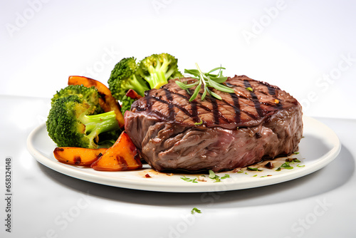 shot of a steak with side of vegetables on white canvas background. Generative Ai