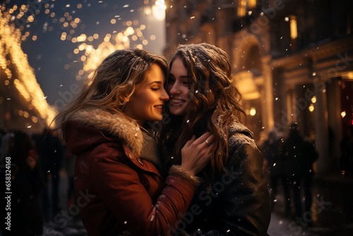 couple of women hugging each other tenderly and smile in the street at under Christmas lights and snow