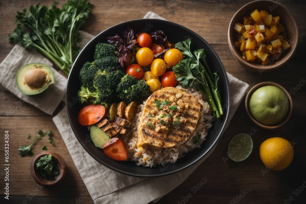 Top view of a black plate with delicious healthy food on a brown wooden table. Closeup of Rice with meat, vegetables. balanced food, nutrition of a healthy person Top view of a black plate with delicious healthy food on a brown wooden table. Closeup of Rice with meat, vegetables. balanced food, nutrition of a healthy person