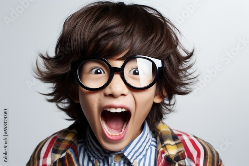 A young boy wearing glasses is making a funny face. This image can be used to depict humor or mischief.