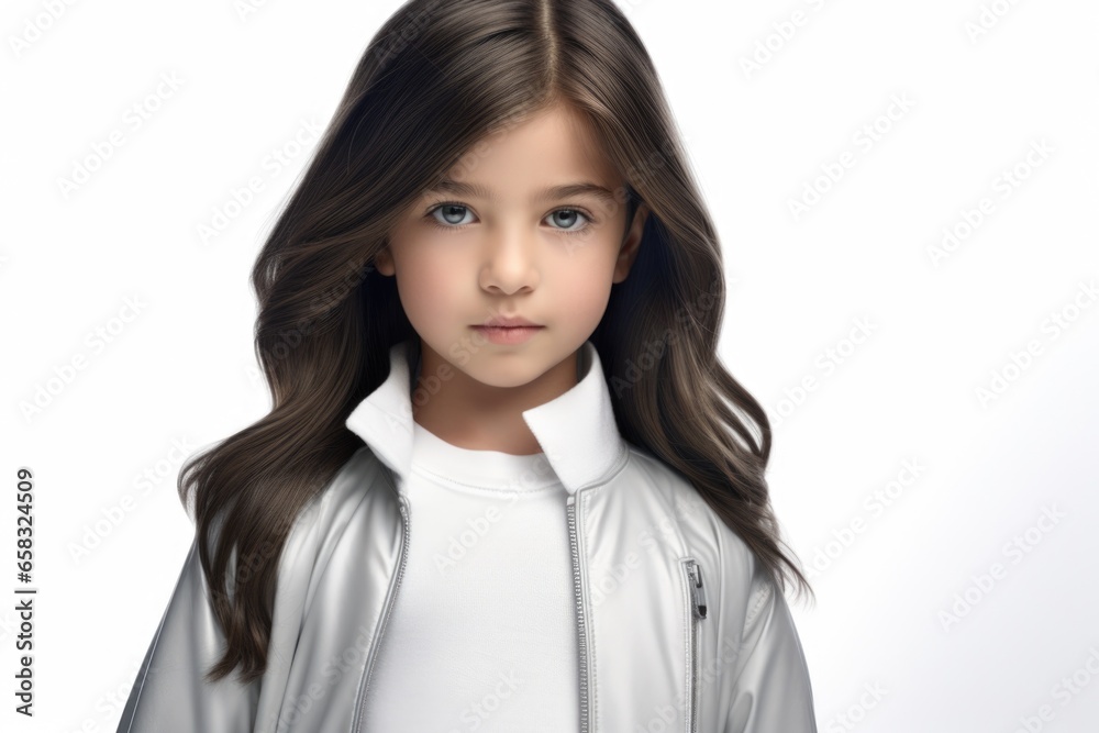 A young girl with long hair is wearing a white jacket. This image can be used for various purposes. A young girl with long hair is wearing a white jacket. This image can be used for various purposes.