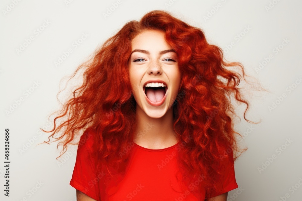 A woman with vibrant red hair is captured in the midst of making a comical expression. This image can be used to add a touch of humor and playfulness to various projects.